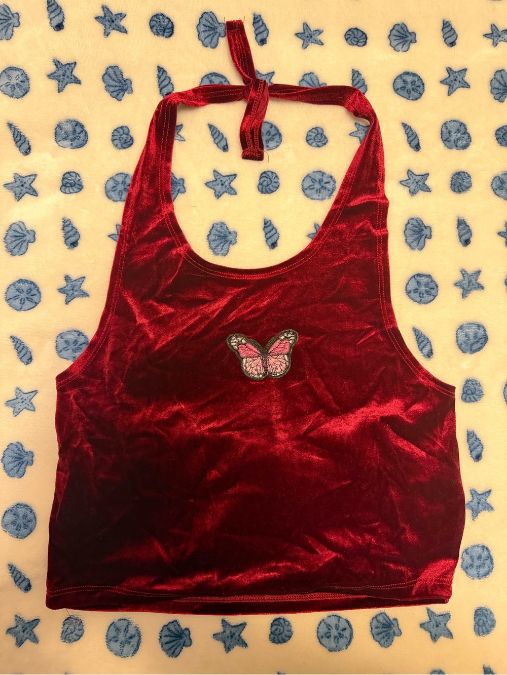 SHEIN Red Velvet Halter Crop Top with Pink Butterfly Patch